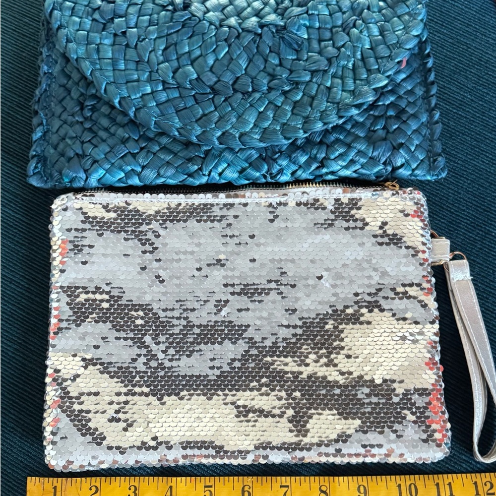 Chic Blue Woven Clutch and Silver Sequin Pouch